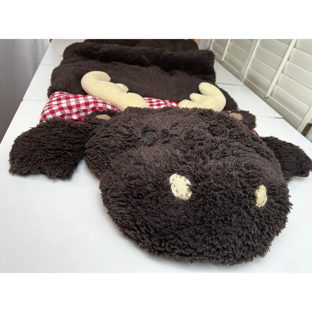 Pottery Barn Kids Moose Plush Sleeping Bag Brown Lined in Red Gingham